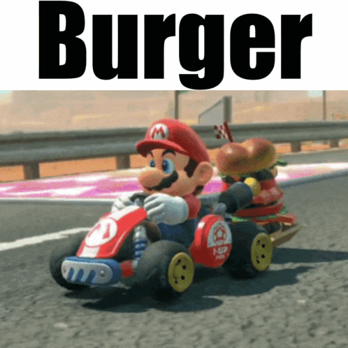 a picture of mario driving a kart with a burger on the back of it