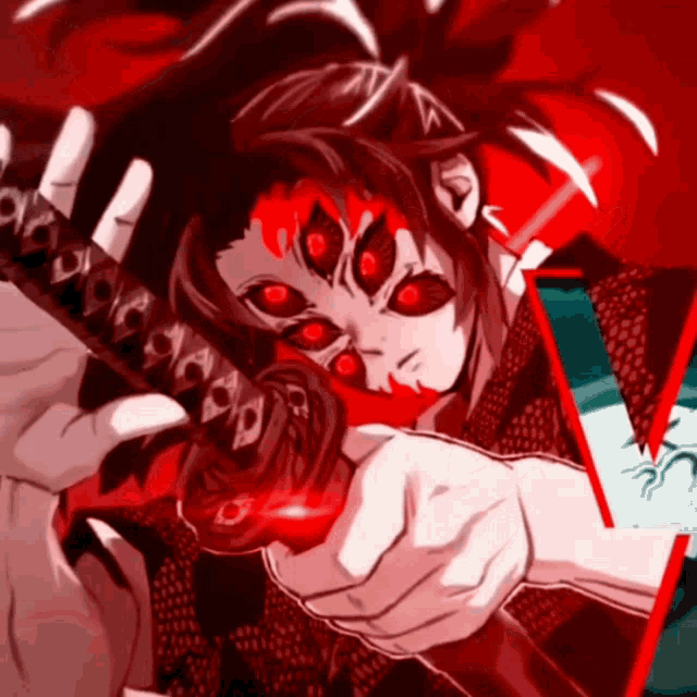 a person with red eyes is holding a sword in their hands