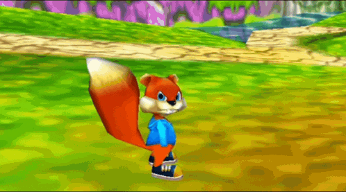 a cartoon squirrel in a blue shirt and blue shoes is standing in a field