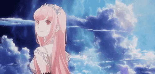 a girl with pink hair and a crown is standing in front of a cloudy sky .