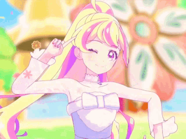 a girl with pink and yellow hair and a white dress