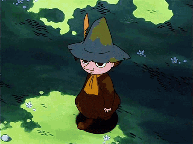 a cartoon character with a feathered hat is standing in a field