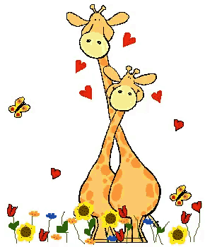 two giraffes are standing next to each other in a field of flowers and butterflies