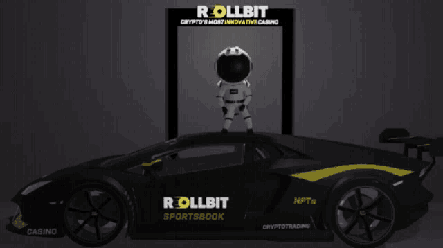 a black car with the words rollbit sportsbook on the side of it
