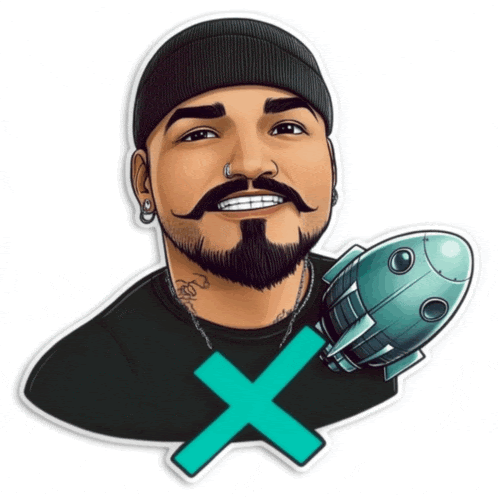a man with a beard is holding a rocket and has a cross in front of him
