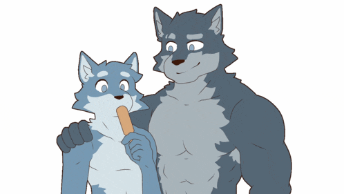 a cartoon drawing of two wolves one eating an ice cream cone