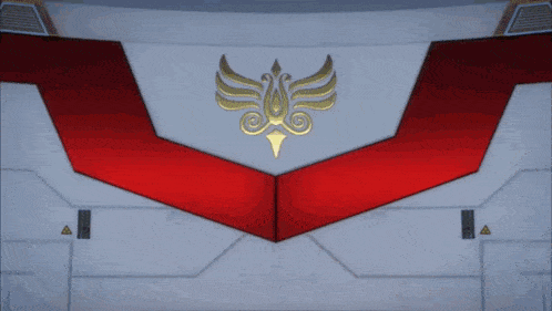 a cartoon character wearing glasses is standing in front of a red and white wall with a gold emblem on it
