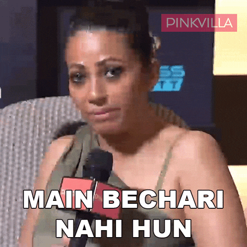 a woman holding a microphone with the words main bechari nahi hun on it
