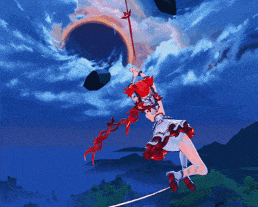 a girl with red hair is hanging from a rope in the air