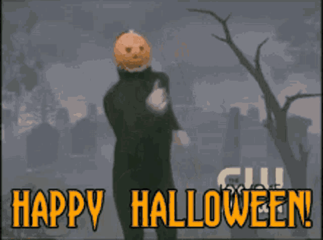 a man with a pumpkin head is standing in front of a cemetery and the words happy halloween