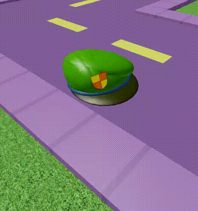 a green hat with a shield on it is sitting on the side of a purple road .