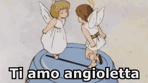 a cartoon of two angels standing next to each other with the words ti amo angiolette written below them .