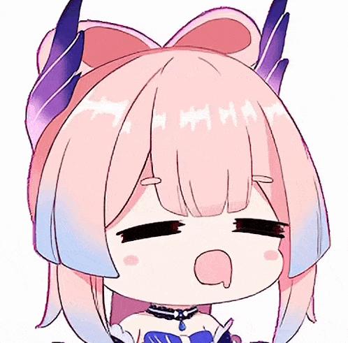 a close up of a cartoon character with pink hair and purple horns .