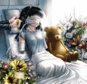 a painting of a woman in a hospital bed with a teddy bear and flowers