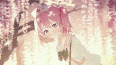 a nurse with pink hair and a white hat with a red cross on it