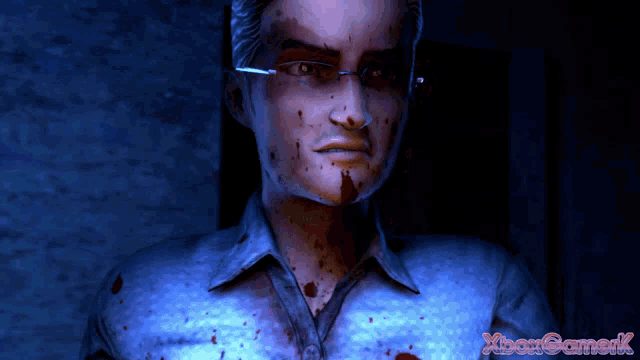 a man with blood on his face and a xbox gamek logo