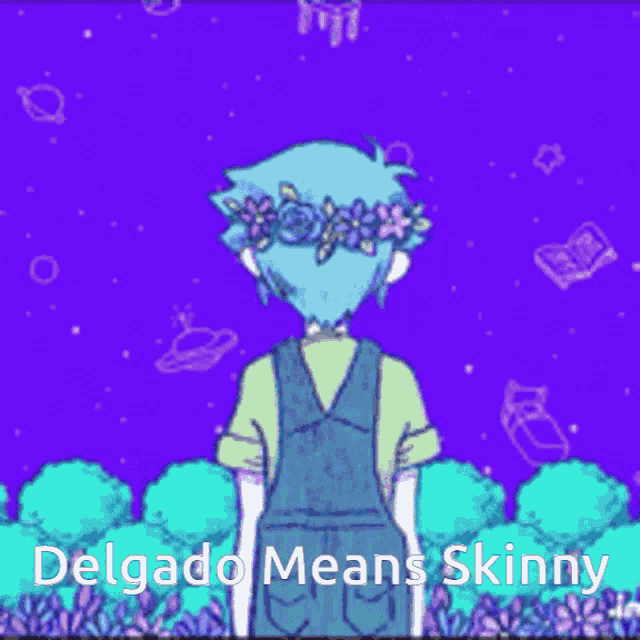 a drawing of a girl with flowers in her hair and the words delgado means skinny below her