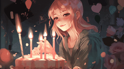 a girl stands in front of a birthday cake with candles