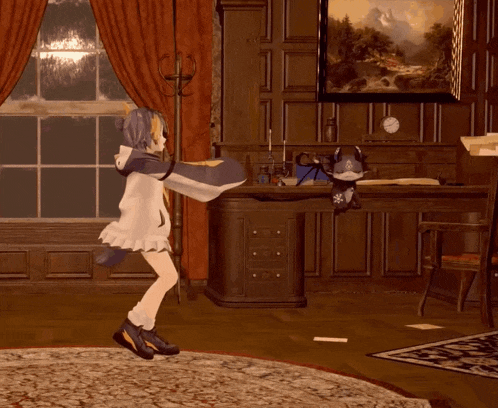 a girl in a white dress is dancing in a room with a clock on the wall