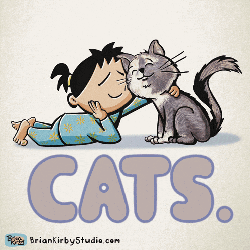 a cartoon of a girl hugging a cat with the word cats behind her