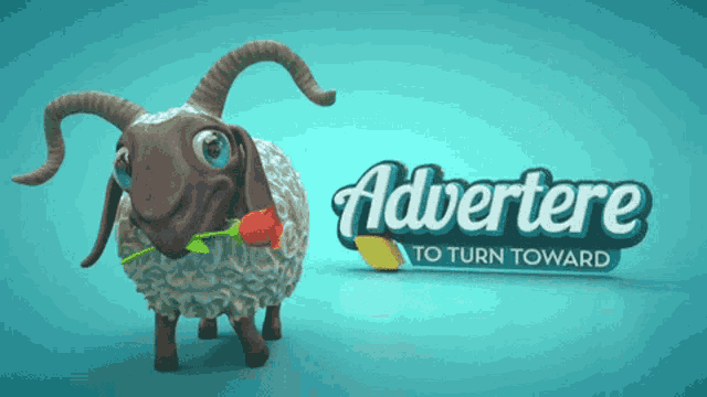 a cartoon sheep holding a red rose in front of an ad for advertisere to turn toward