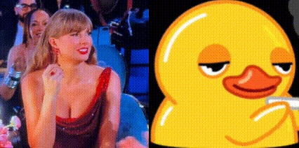 a woman in a red dress is sitting next to a rubber duck with a cell phone .