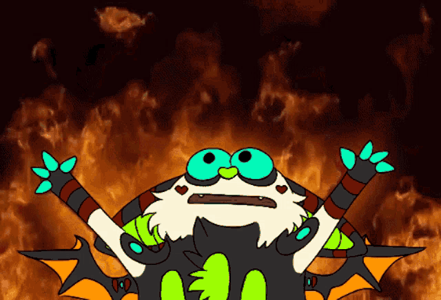 a cartoon character with a beard and green eyes is standing in front of a fire background