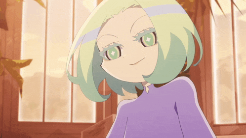 a cartoon girl with green hair and a purple shirt