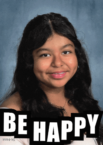 a picture of a girl with the words " be happy " behind her
