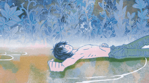 a drawing of a man laying on the ground with a floral background