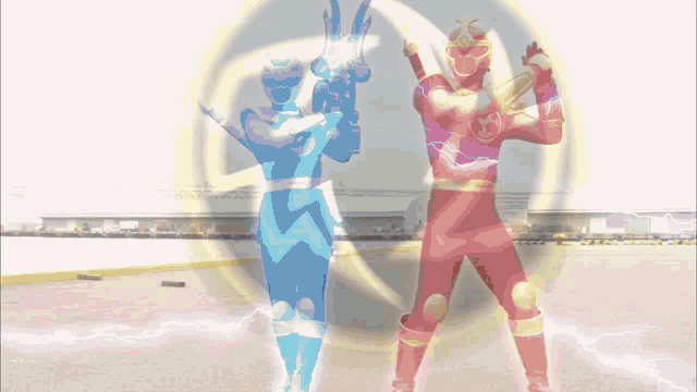 a blue superhero and a red superhero standing next to each other