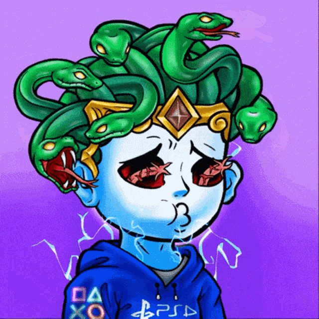 a cartoon drawing of a medusa with snakes on her head