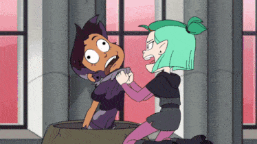 a couple of cartoon characters are standing next to each other and one has a green ear