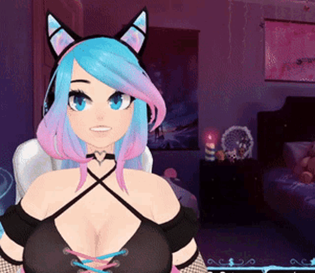a cartoon girl with blue and pink hair and cat ears on her head