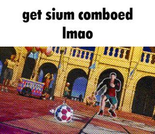a cartoon of a man kicking a soccer ball with the words get sium comboed imao below him