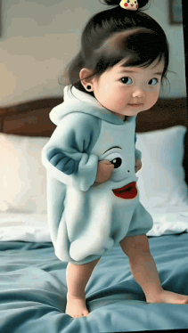 a little girl is standing on a bed wearing a cartoon outfit