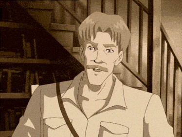 a man with a mustache stands in front of stairs