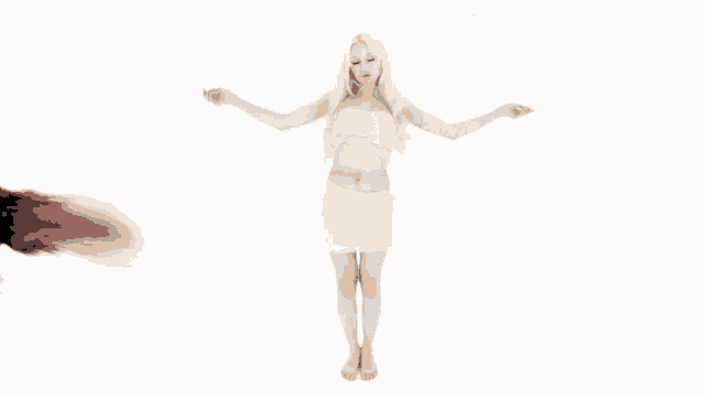 a woman in a white dress with blood coming out of her arms