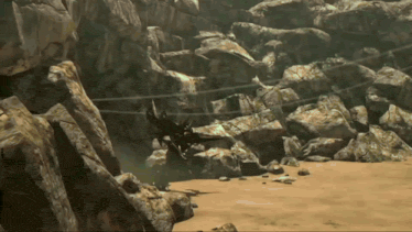 a computer generated image of a rocky area with a few trees in the background