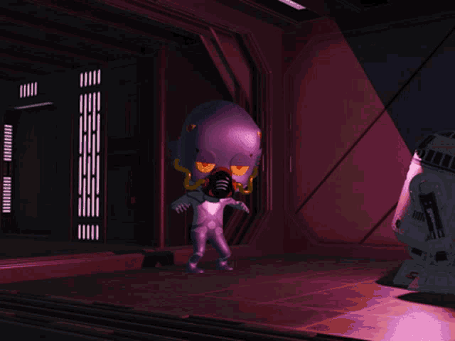 a purple alien standing next to a white robot