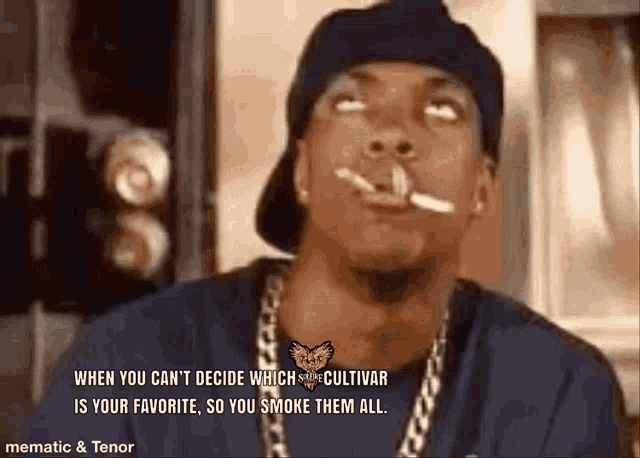 a man smoking a cigarette with a caption that says when you can 't decide which cultivar is your favorite
