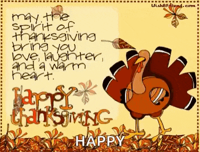 a happy thanksgiving card with a turkey and leaves .
