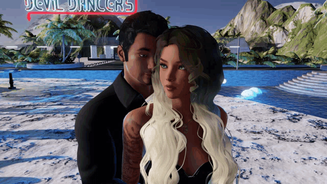 a man and a woman are hugging in front of a sign that says devil dancers