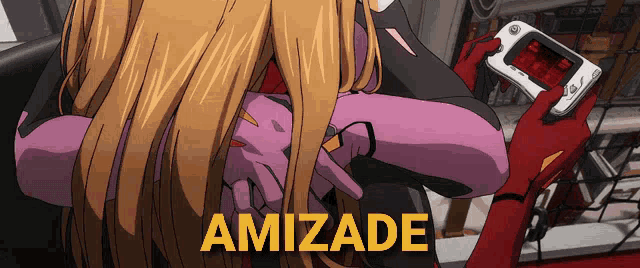 a cartoon of a woman holding a cell phone with the word amizade on the bottom right