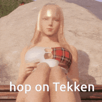 a woman in a plaid top sits on a bench with the words hop on tekken above her