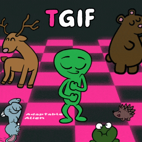 a cartoon of an alien surrounded by animals and the words tgif on top