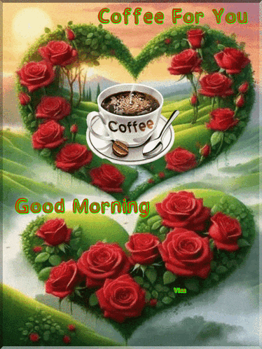 a picture of roses and a cup of coffee says coffee for you good morning