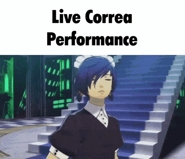 a maid is standing in front of stairs with the words live correa performance below her