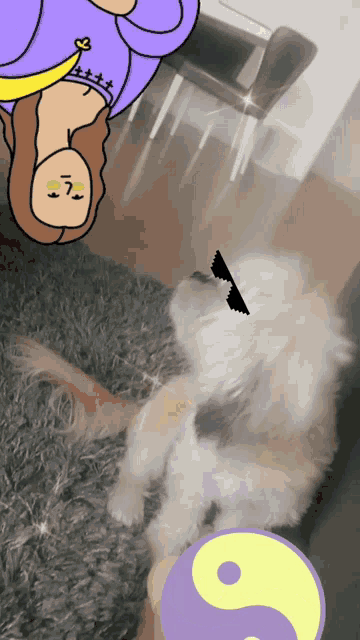 a cartoon of a woman laying on the floor with a dog wearing sunglasses