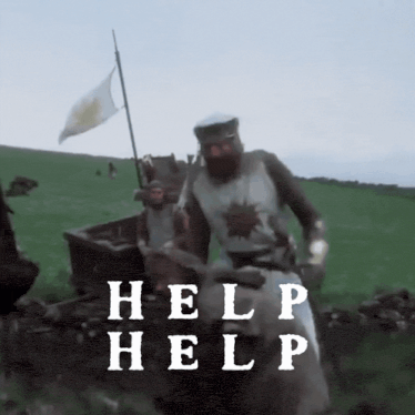 a man in a knight 's armor stands in a field with the words help help written on the bottom